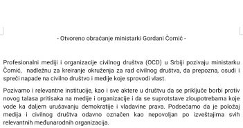 Otvoreno obraćanje ministarki Gordani Čomić
